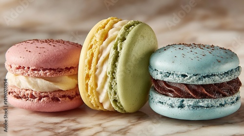   Three macaroons sat together on a marble countertop