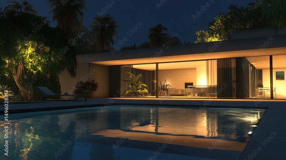 custom made wallpaper toronto digitalContemporary home with pool, garden view, nighttime ambiance.