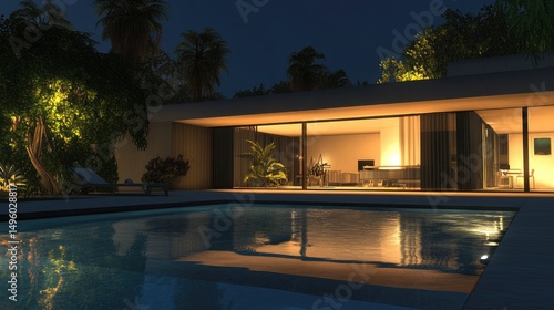 Wallpaper Mural Contemporary home with pool, garden view, nighttime ambiance. Torontodigital.ca