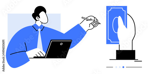 Businessperson writing on paper near laptop while a hand presents currency. Ideal for finance, payments, contracts, remote work, e-commerce, professional services, and simple landing page