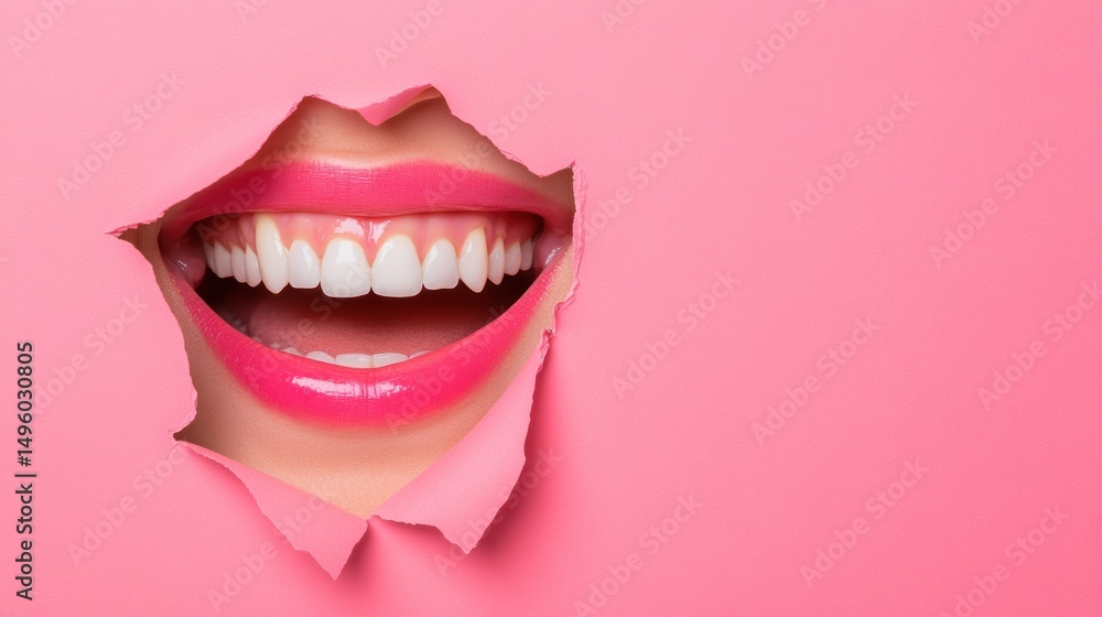 Naklejka premium A vibrant close-up of a smiling mouth breaking through pink paper, showcasing bright teeth and glossed lips, Ideal for dental, beauty, or health marketing materials,