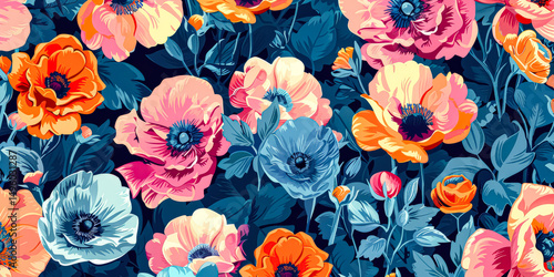 Wallpaper Mural Colorful flower pattern with blue and pink flowers Torontodigital.ca