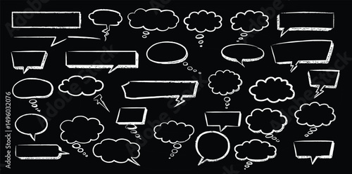 Crayon or chalk speech bubble set - hand drawn sketchy chat clouds, oval shapes dialog boxes, thought balloons, communication design elements in doodle