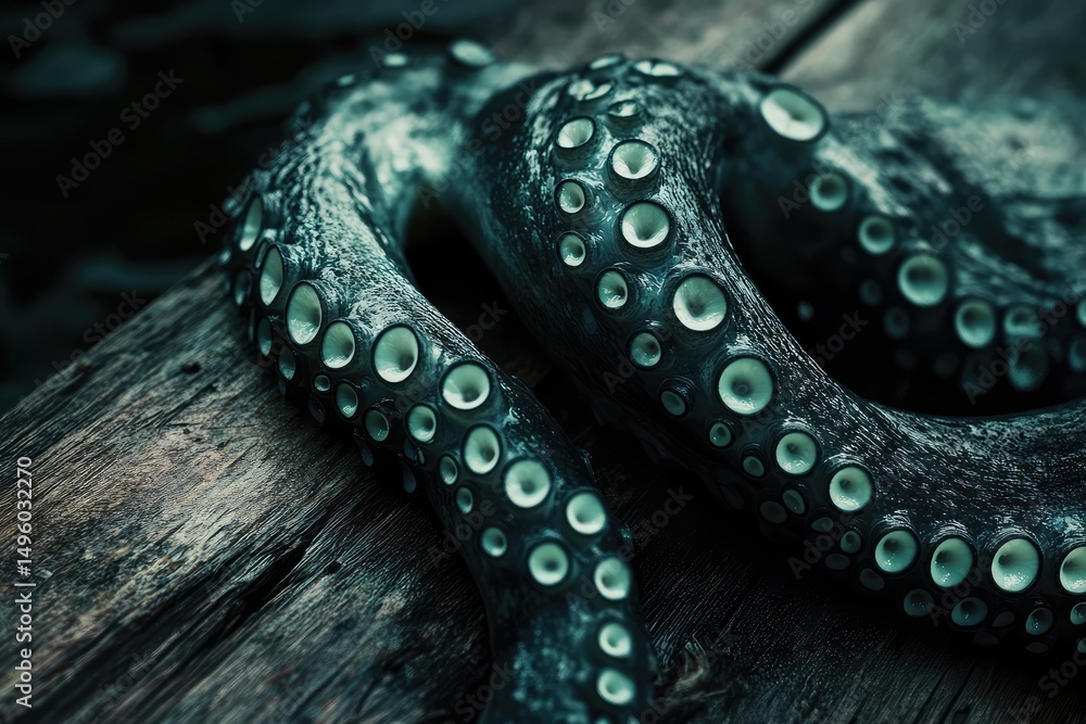 Obraz premium Close-up view of an octopus tentacle with suckers, resting on dark wood.