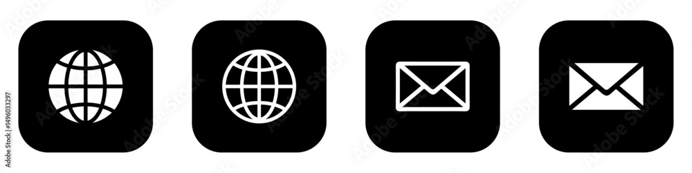 Minimalist black and white icon set featuring globe and email symbols. Perfect for websites, apps, and digital interfaces. Isolated vector illustration. Minimalist black and white icon set featuring globe and email symbols. Perfect for websites, apps, and digital interfaces. Isolated vector illustration.