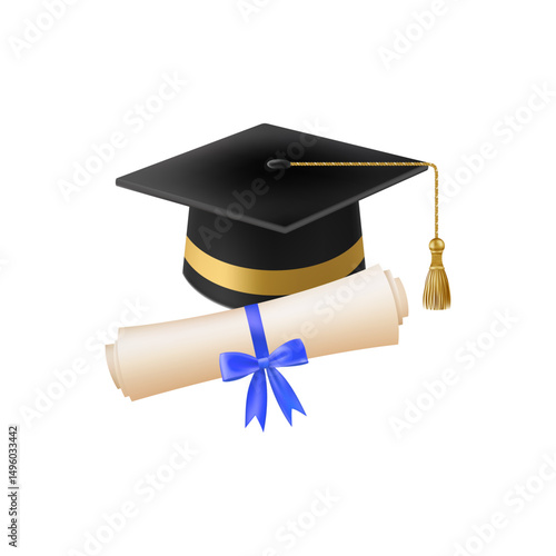 3d diploma scroll with graduate hat. Vintage roll paper
