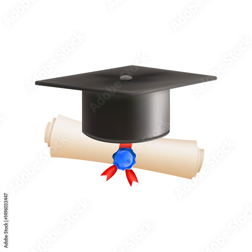 3d diploma scroll with graduate hat. Vintage roll paper