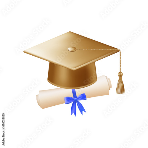 3d diploma scroll with graduate hat. Vintage roll paper