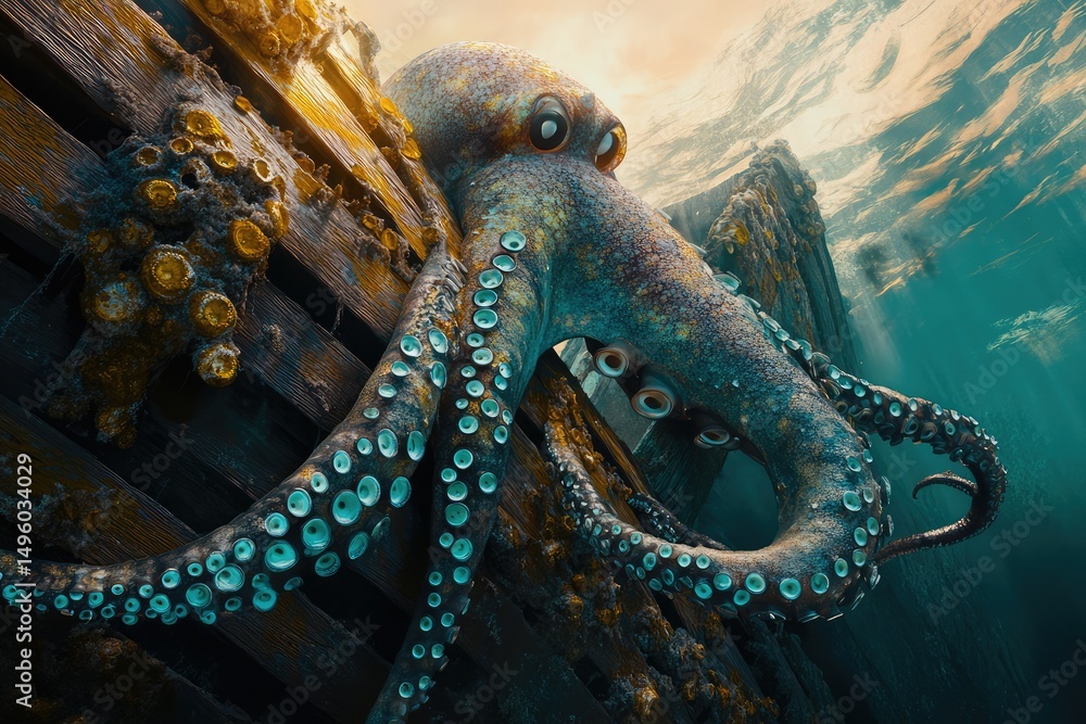 Obraz premium A large octopus clings to a sunken wooden structure, its suckers gleaming, bathed in underwater sunlight.