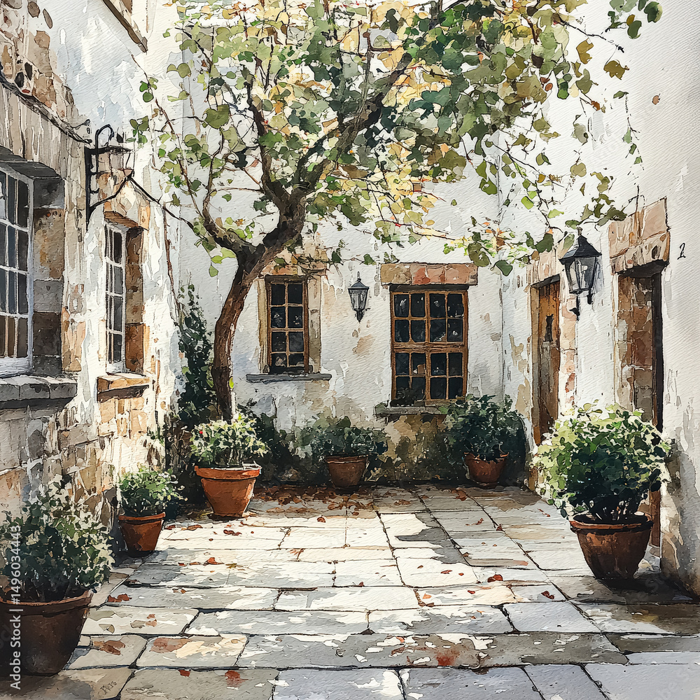 Naklejka premium Courtyard with a tree in the center and several potted plants around it