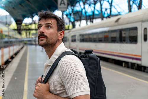 Bearded tourist with a backpack waiting at the train station, glancing up at the timetable while anticipating his next adventure