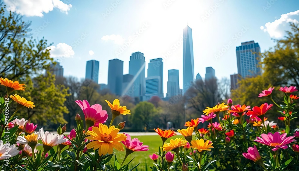 Fototapeta premium Vibrant spring blooms in city park, skyscrapers in sunlit background, sky, beautiful