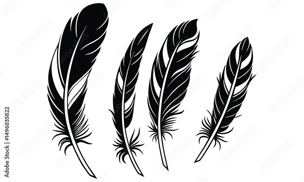 Obraz premium Feather vector illustration with black isolated feather design on white background