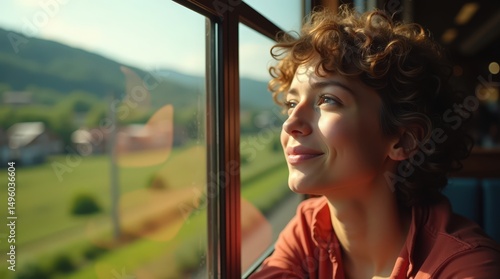Curious traveler enjoys beautiful scenery while on a scenic train journey through lush green landscapes and distant hills Generative AI