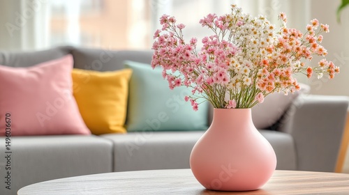 Wallpaper Mural Pastel pink vase with flowers on wooden coffee table in front of grey couch with colorful pillows Torontodigital.ca