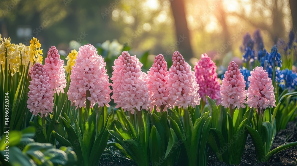 Obraz premium Pink hyacinths in a lovely spring garden.