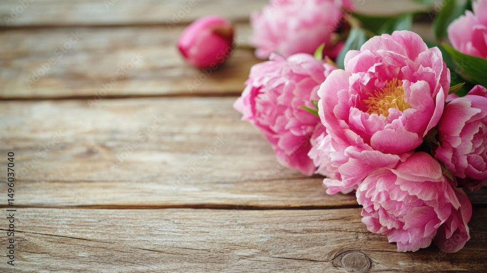 Fototapeta premium Pink peonies up close on wooden background. Text space available.