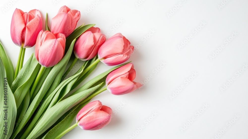 Fototapeta premium Pink tulip bouquet on white background with space for text. Mother's Day