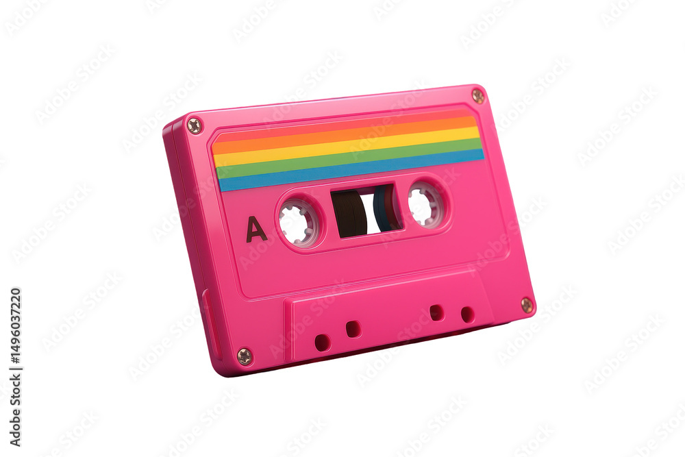 Fototapeta premium Bright pink retro audio cassette with rainbow label placed isolated on transparent background, png