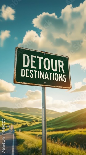 Scenic detour destinations sign against a vibrant sky and rolling green hills at sunset Generative AI