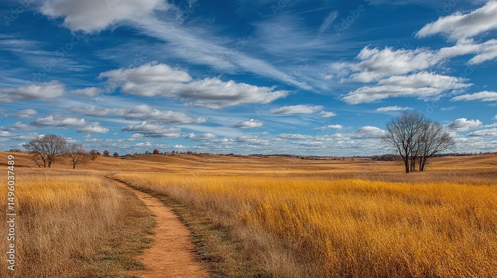 Fototapeta premium A dirt path winds through a green meadow beneath a clear blue sky, dotted with delicate wisps of cloud