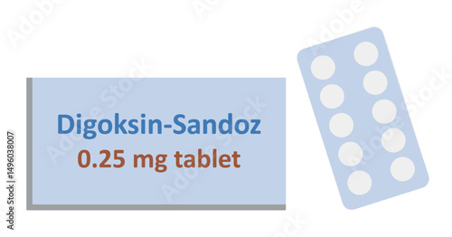 Digoxin Sandoz 0.25 mg tablet medicine and medicine box vector illustration. Pill for regulating heart rhythm. Digoxin slows down the heartbeat, increases the force of contraction of the heart muscle.