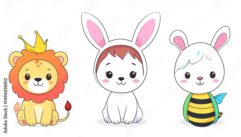 Obraz premium Three adorable cartoon animals a lion in a crown, a child in a bunny costume, and a bunny in a bee costume, all sitting against a white background