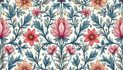 Intricate floral motif, delicate lines, pastel hues, seamless repeat, design, repeat, pastel
