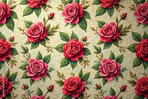 Intricate, repeating rose pattern on vintage fabric, repeating floral, bloom
