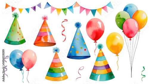 Objetos para fiesta infantil: gorros, banderines, serpentinas, globos, estilo acuarela, aislada sobre fondo transparente. PNG.
