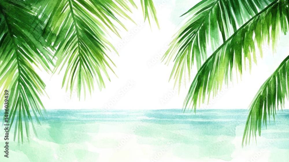 Fototapeta premium Lush tropical foliage framing a tranquil seascape.