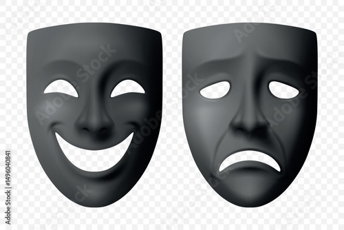 Vector 3d Theatre Masks Set. Realistic Comedy and Tragedy Theatre Masks in Black. Classic Theatre Masks for Drama, Stage Performance, Acting, Art, Festival, Carnival, Masquerade