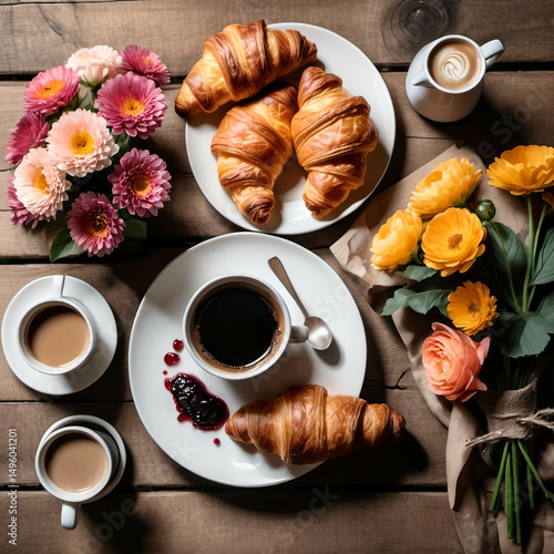 Flat lay of a rustic breakfast: croissant, jam, coffee, and fresh flowers on a wooden table