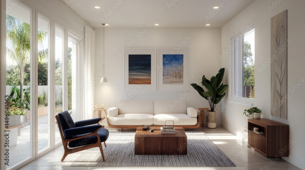 Fototapeta premium White living space with wooden couch, navy chair, lighting, and artwork