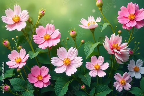 Delicate blooming flowers, green foliage, continuous motif, surface, seamless floral