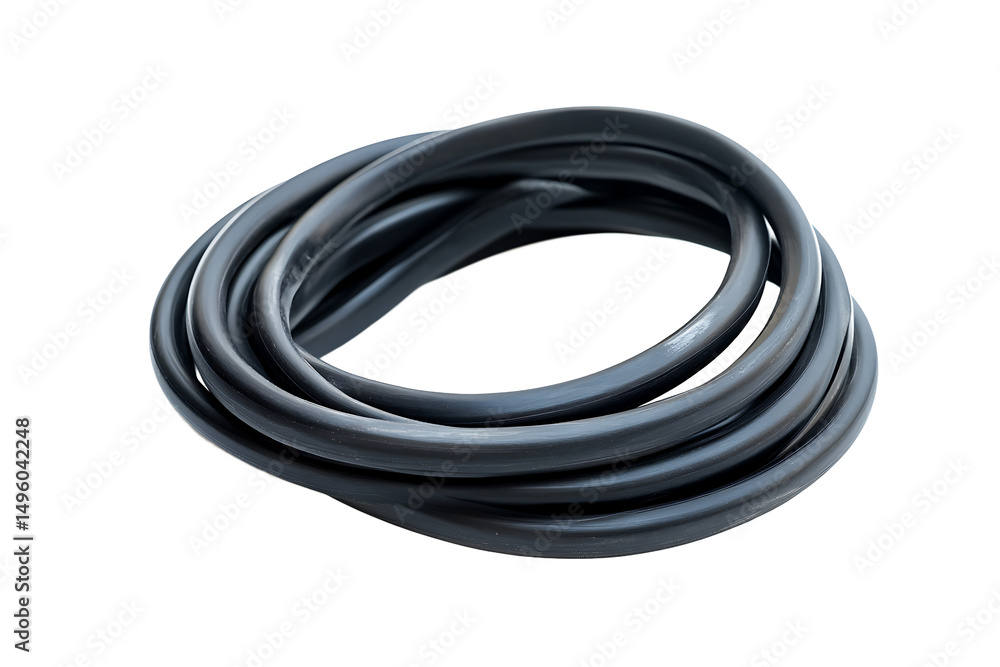 A coiled black rubber hose sits on a black background showing its circular form and smooth surface texture A coiled black rubber hose sits on a black background showing its circular form and smooth surface texture
