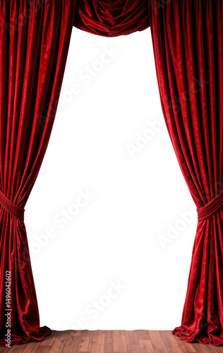 Crimson Curtains: Dramatic red velvet curtains frame an inviting, empty space, hinting at the anticipation of a performance or the allure of the unknown.