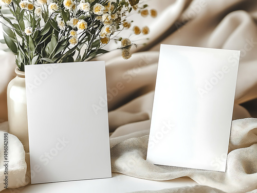a beige scarf, a small green branch, bright warm colors, overall balance is delicately arranged, in the center are 2 blank cards for wedding Invitation card mockup