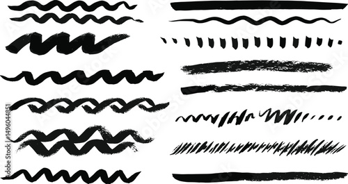 Black crayon underline divider collection - straight lines, dashed marks, wavy borders, dotted rows, zigzag patterns with chalk texture. 
