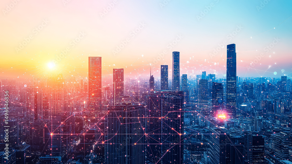 Fototapeta premium City skyline with a bright orange sun in the background