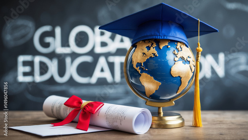 Graduation cap on globe with diploma and motivational words about global education