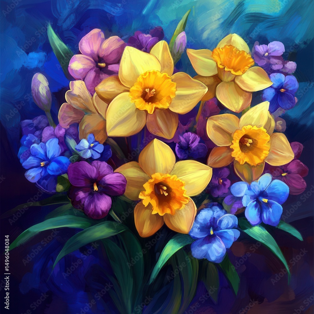 Fototapeta premium bouquet of beautiful yellow daffodils and purple and blue violets