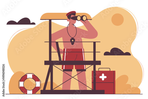 Beach lifeguard observing from watchtower. Vector art for summer safety campaigns