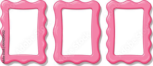 Scallop frame border set - pink 3d featuring wavy shell-inspired edges. Curvy rectangular outlines with ruffled trim in feminine hue