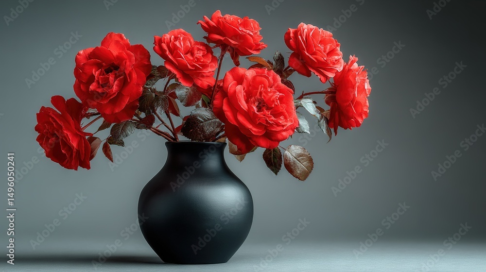 Fototapeta premium A black vase holds red flowers on a white table beside a gray wall and background