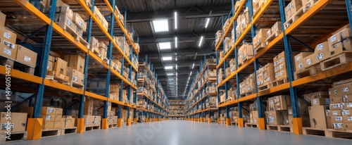 The spacious warehouse featuring organized shelves filled with boxes and goods.