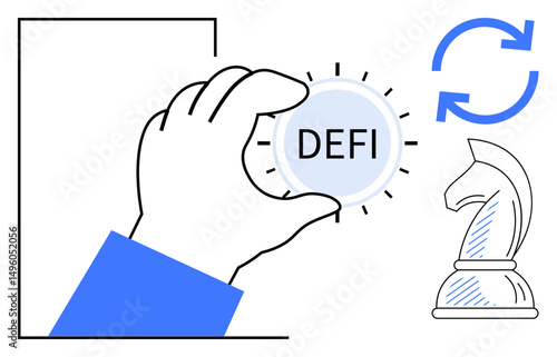 Hand holding DEFI token, rotating cycle icon, chess knight. Ideal for finance, strategy, cryptocurrency, decision-making, decentralization innovation business leadership. Flat simple metaphor