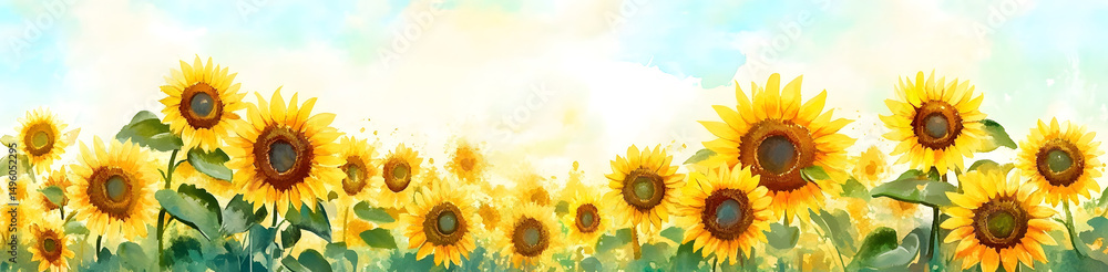 Obraz premium Watercolor illustration of sunflowers in a field, cheerful, field, watercolor flowers