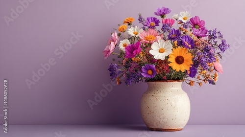 Wallpaper Mural   A vase filled with numerous purple and orange flowers sits atop a purple surface against a purple wall Torontodigital.ca