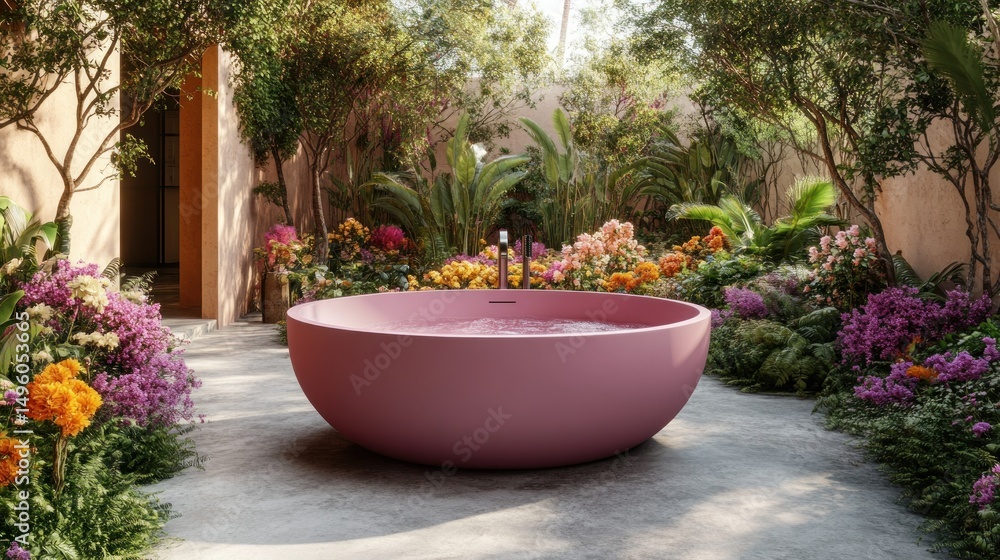 Fototapeta premium Outdoor, round, pink soaking tub in a lush garden